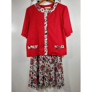 Vintage Skirt Suit 2 Piece Set 10 12 Petite Pabl Collection Pleated Floral Red